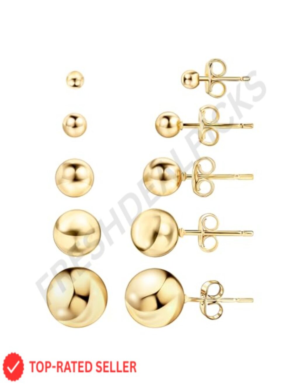 18K Gold Plated Ball Stud Earrings Set 5 Pack 3-10mm Hypoallergenic Push Back